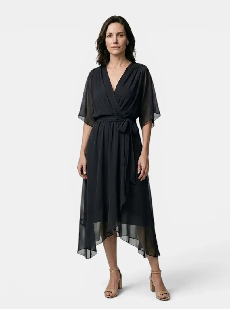 Women's Soft Draped Midi Dress | Elegant V-Neck Wrap Cocktail Dress