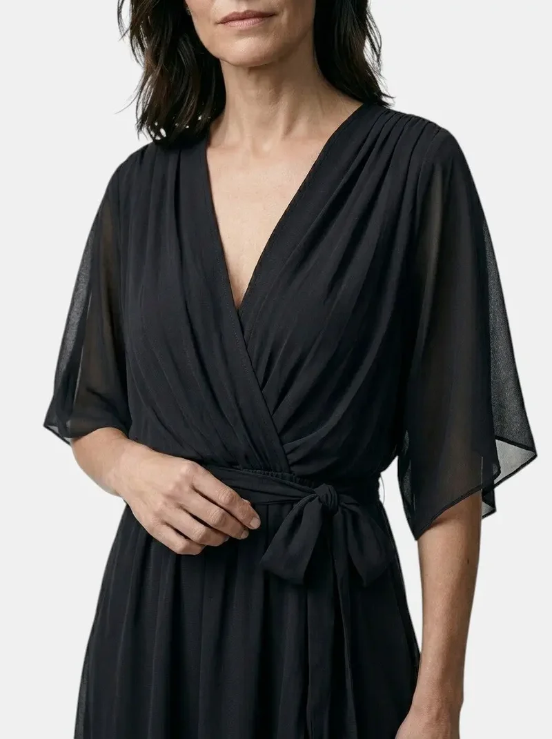 Women's Soft Draped Midi Dress | Elegant V-Neck Wrap Cocktail Dress