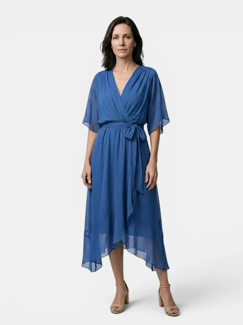 Women's Soft Draped Midi Dress | Elegant V-Neck Wrap Cocktail Dress