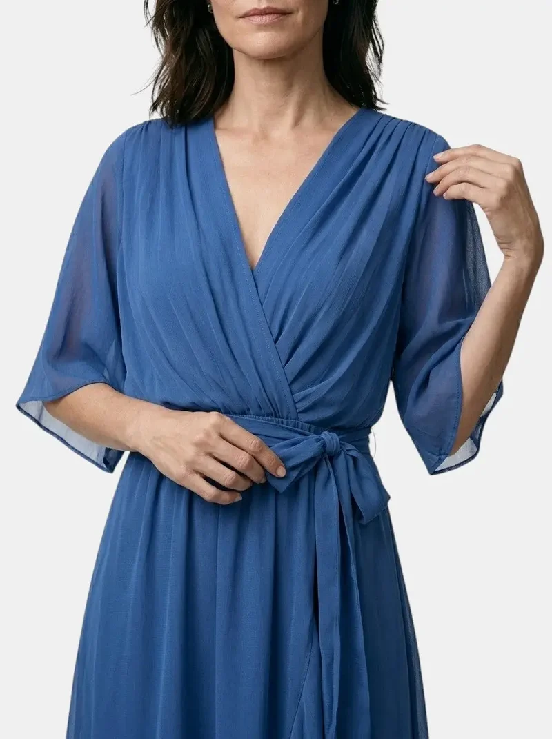 Women's Soft Draped Midi Dress | Elegant V-Neck Wrap Cocktail Dress