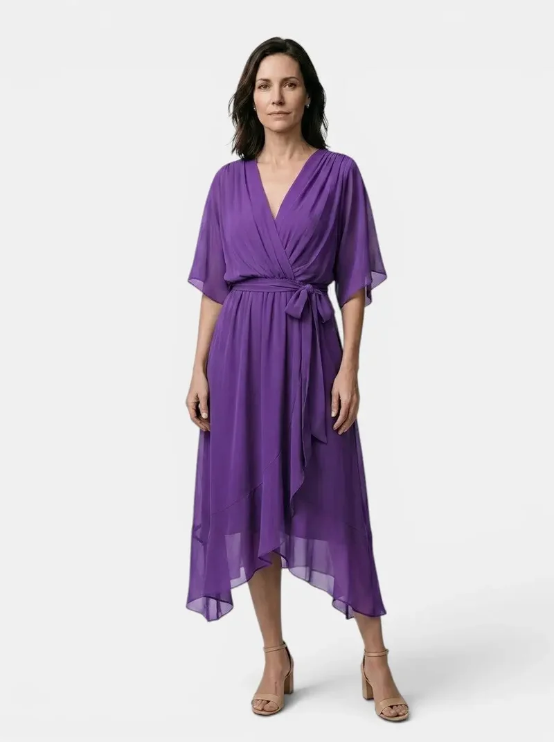 Women's Soft Draped Midi Dress | Elegant V-Neck Wrap Cocktail Dress