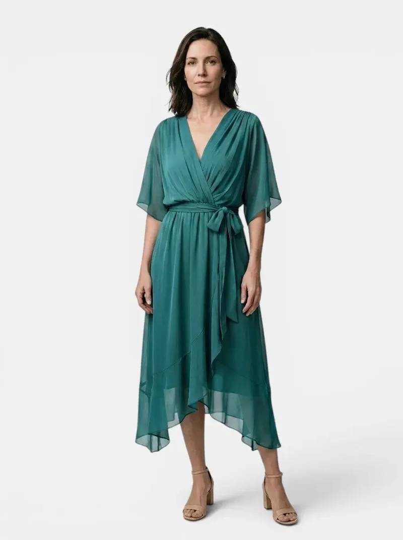 Women's Soft Draped Midi Dress | Elegant V-Neck Wrap Cocktail Dress