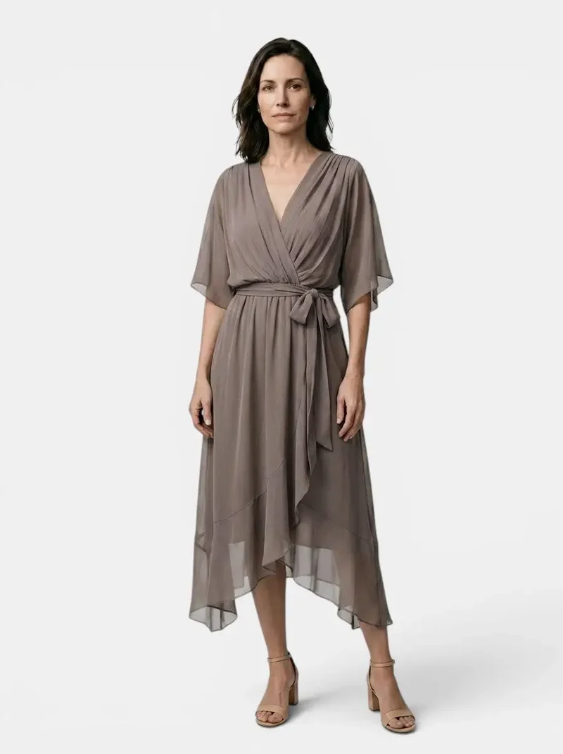 Women's Soft Draped Midi Dress | Elegant V-Neck Wrap Cocktail Dress
