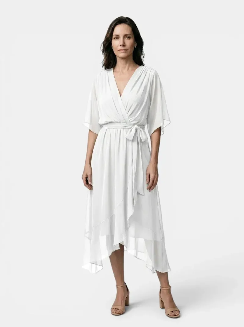 Women's Soft Draped Midi Dress | Elegant V-Neck Wrap Cocktail Dress