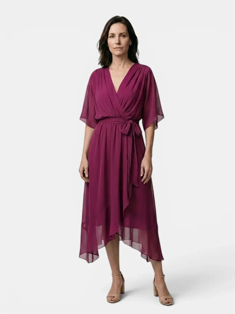 Women's Soft Draped Midi Dress | Elegant V-Neck Wrap Cocktail Dress