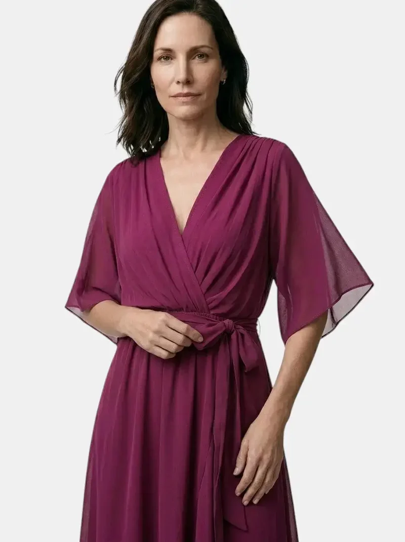 Women's Soft Draped Midi Dress | Elegant V-Neck Wrap Cocktail Dress