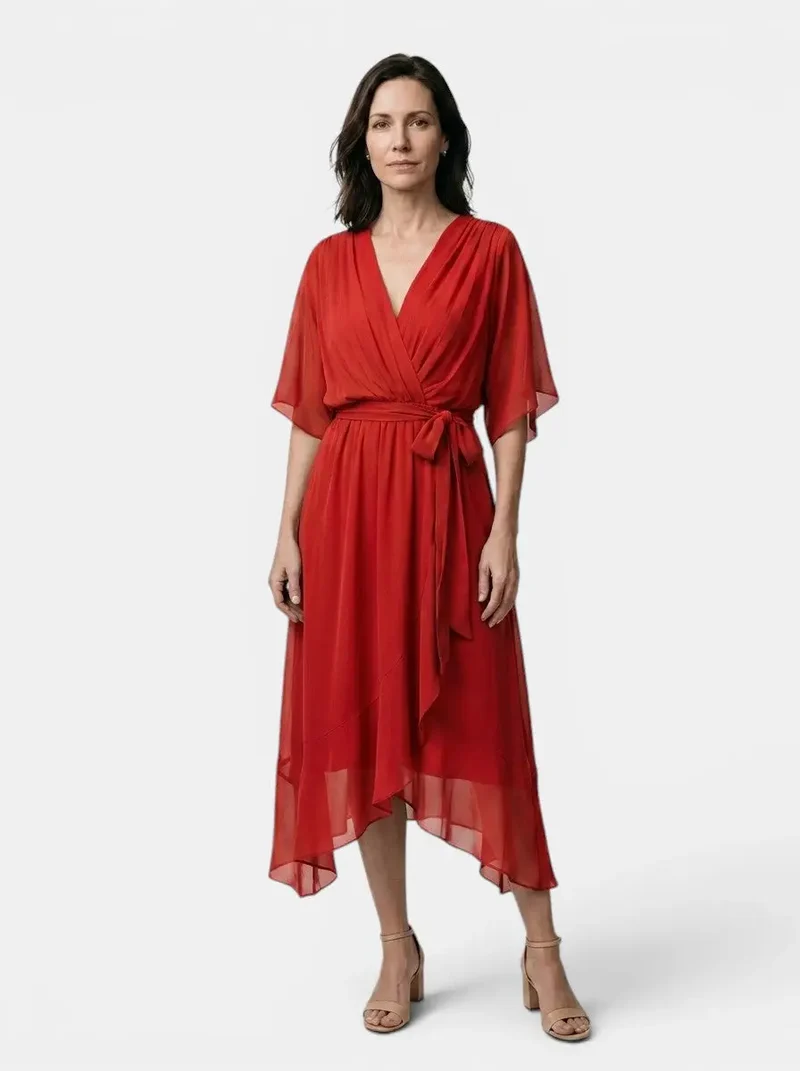 Women's Soft Draped Midi Dress | Elegant V-Neck Wrap Cocktail Dress
