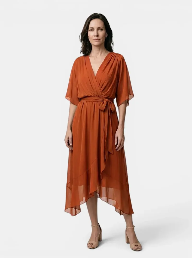 Women's Soft Draped Midi Dress | Elegant V-Neck Wrap Cocktail Dress