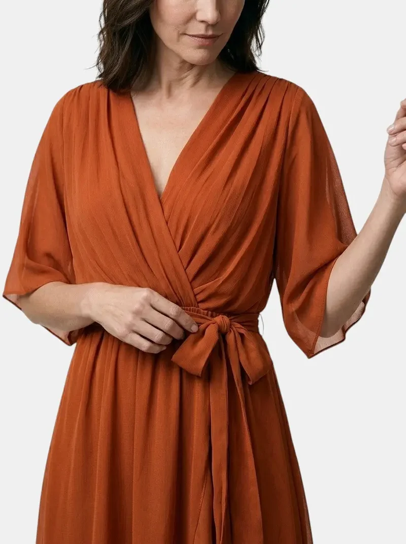 Women's Soft Draped Midi Dress | Elegant V-Neck Wrap Cocktail Dress