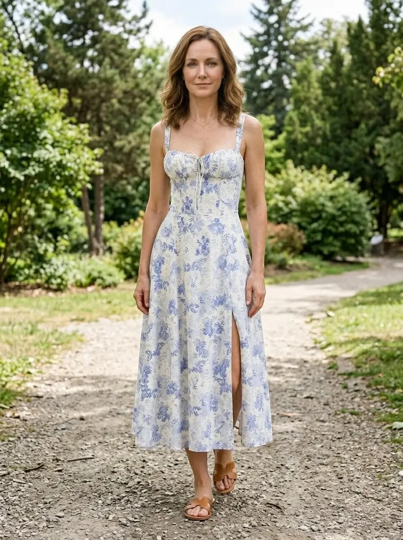 Women's Floral Midi Dress | Elegant Corset Summer Dress with Flowing Skirt