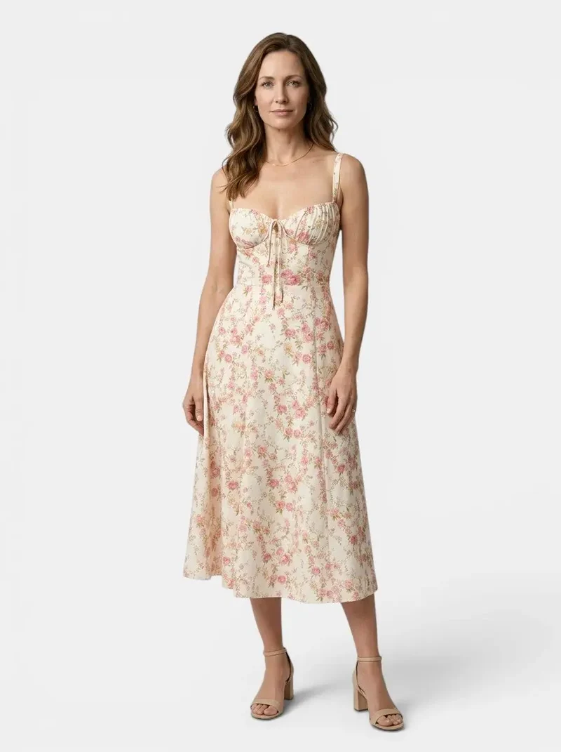 Women's Floral Midi Dress | Elegant Corset Summer Dress with Flowing Skirt