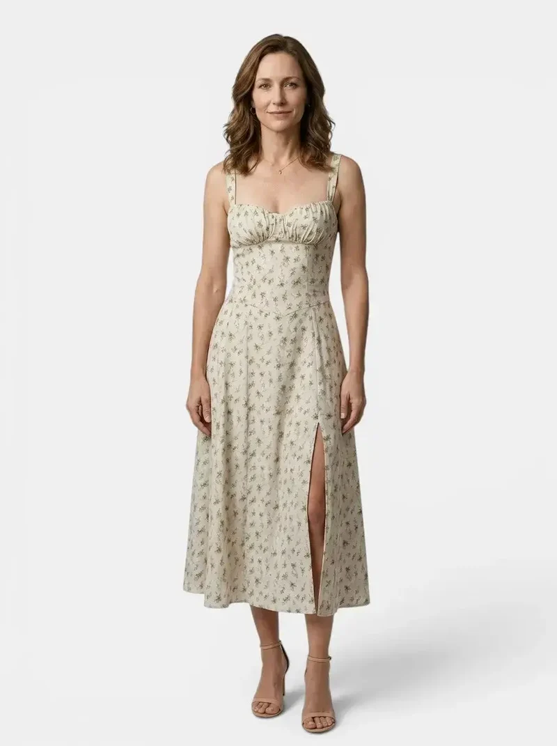 Women's Floral Midi Dress | Elegant Corset Summer Dress with Flowing Skirt