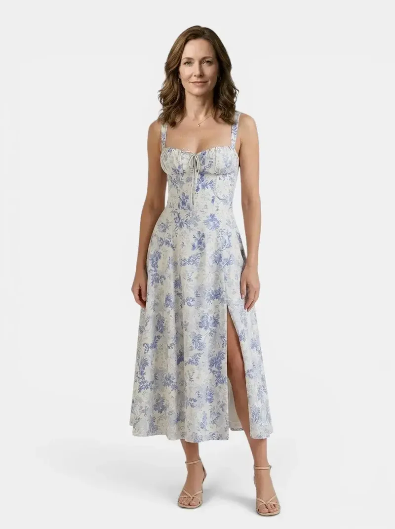 Women's Floral Midi Dress | Elegant Corset Summer Dress with Flowing Skirt