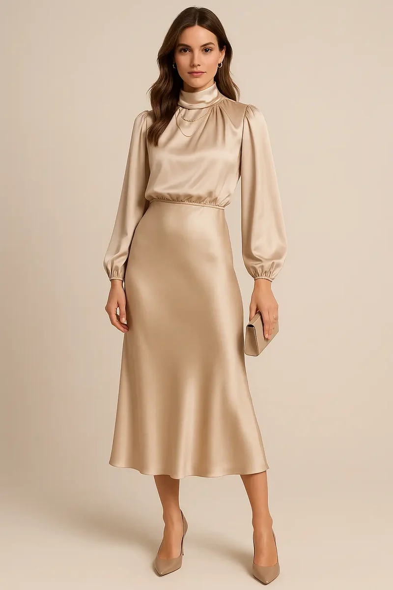 Women's Cotton Blend Midi Dress | Elegant High Neck Summer Dress