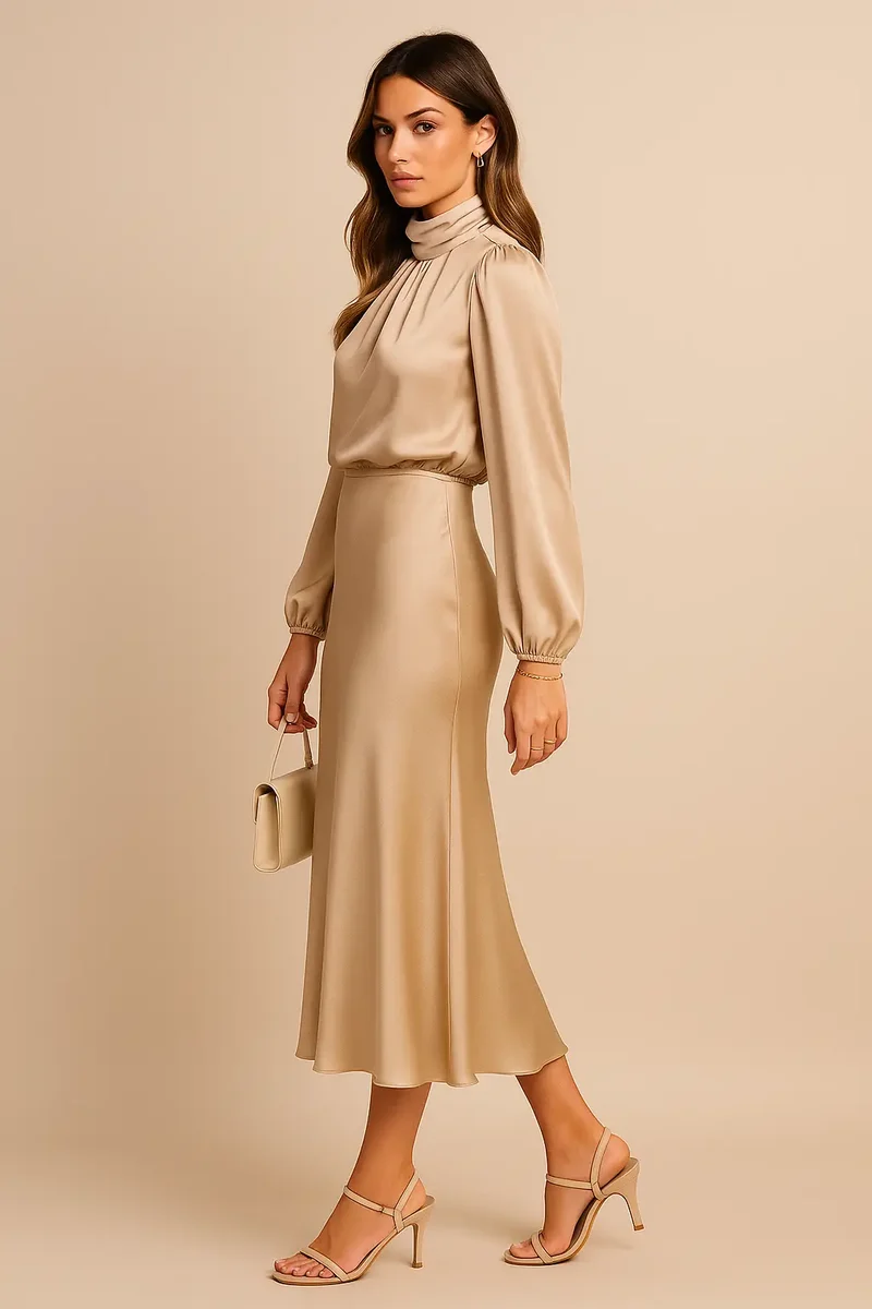 Women's Cotton Blend Midi Dress | Elegant High Neck Summer Dress