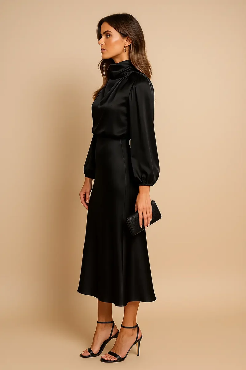 Women's Cotton Blend Midi Dress | Elegant High Neck Summer Dress