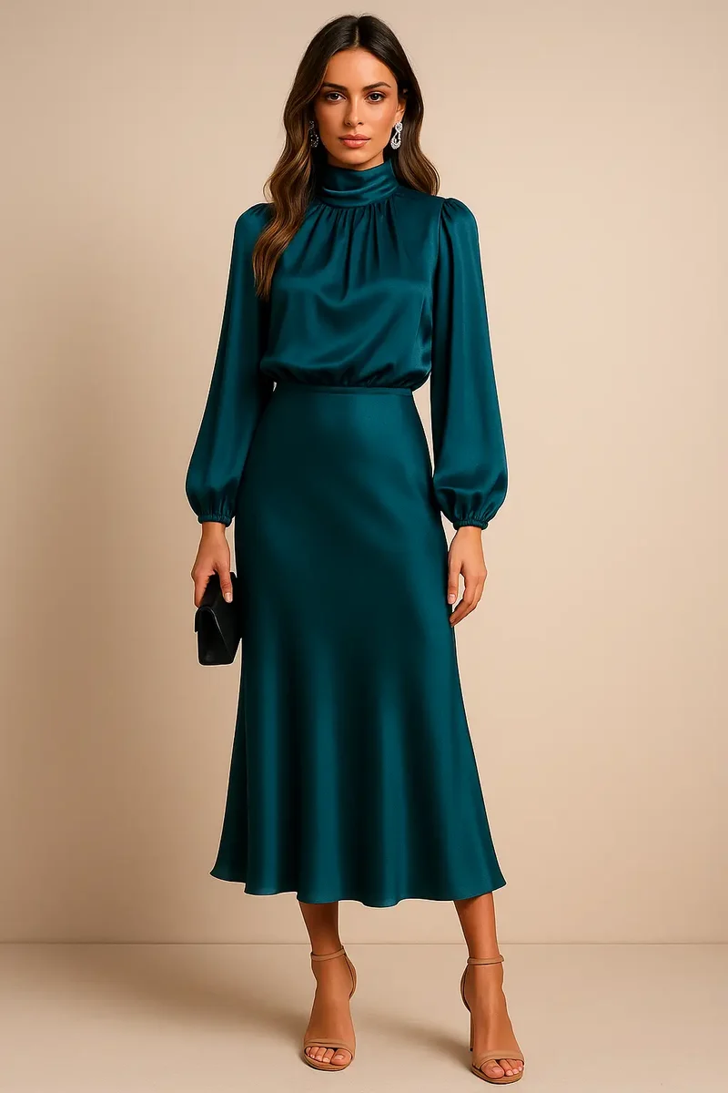 Women's Cotton Blend Midi Dress | Elegant High Neck Summer Dress