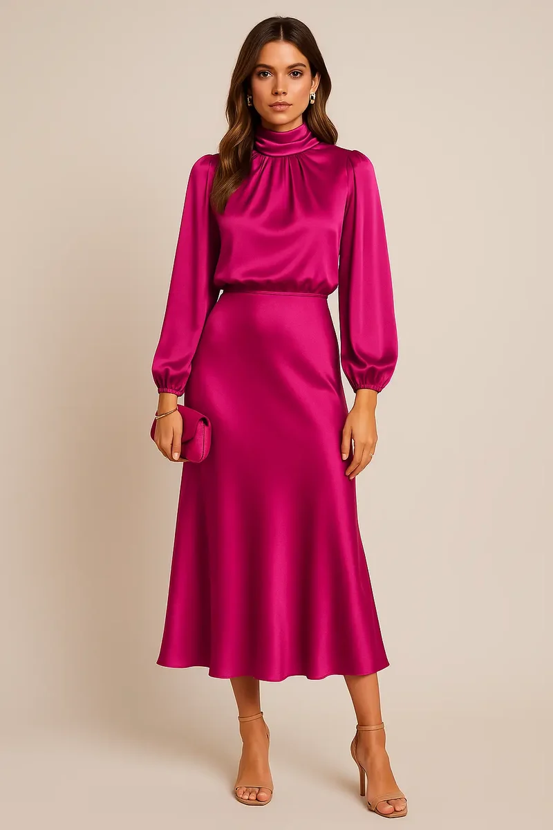 Women's Cotton Blend Midi Dress | Elegant High Neck Summer Dress