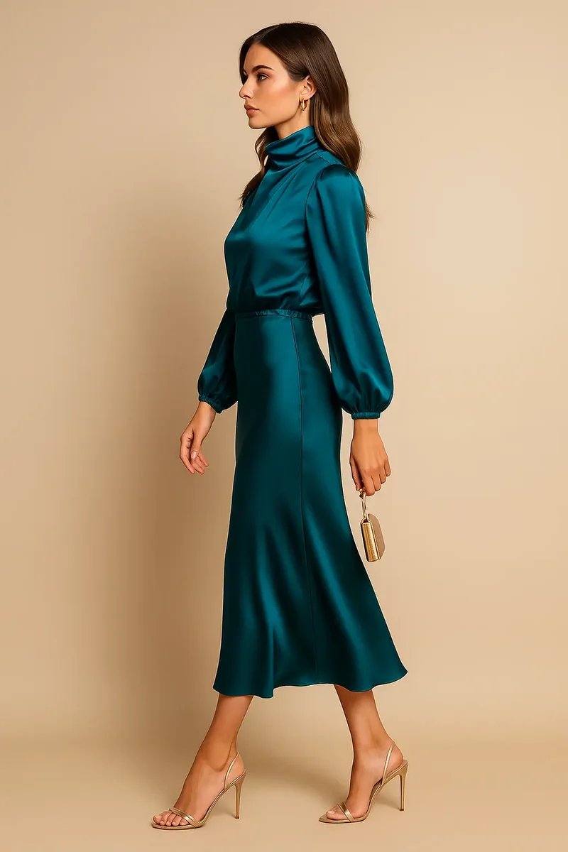 Women's Cotton Blend Midi Dress | Elegant High Neck Summer Dress