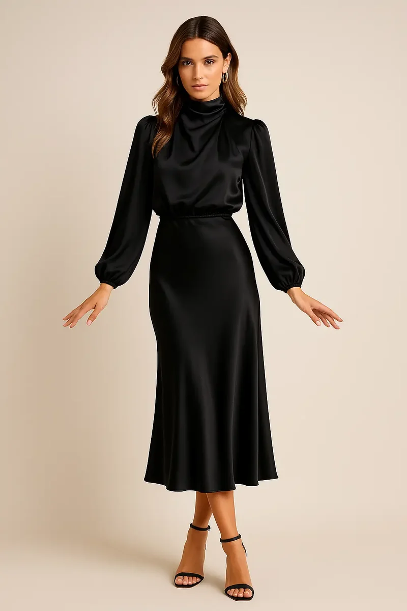 Women's Cotton Blend Midi Dress | Elegant High Neck Summer Dress