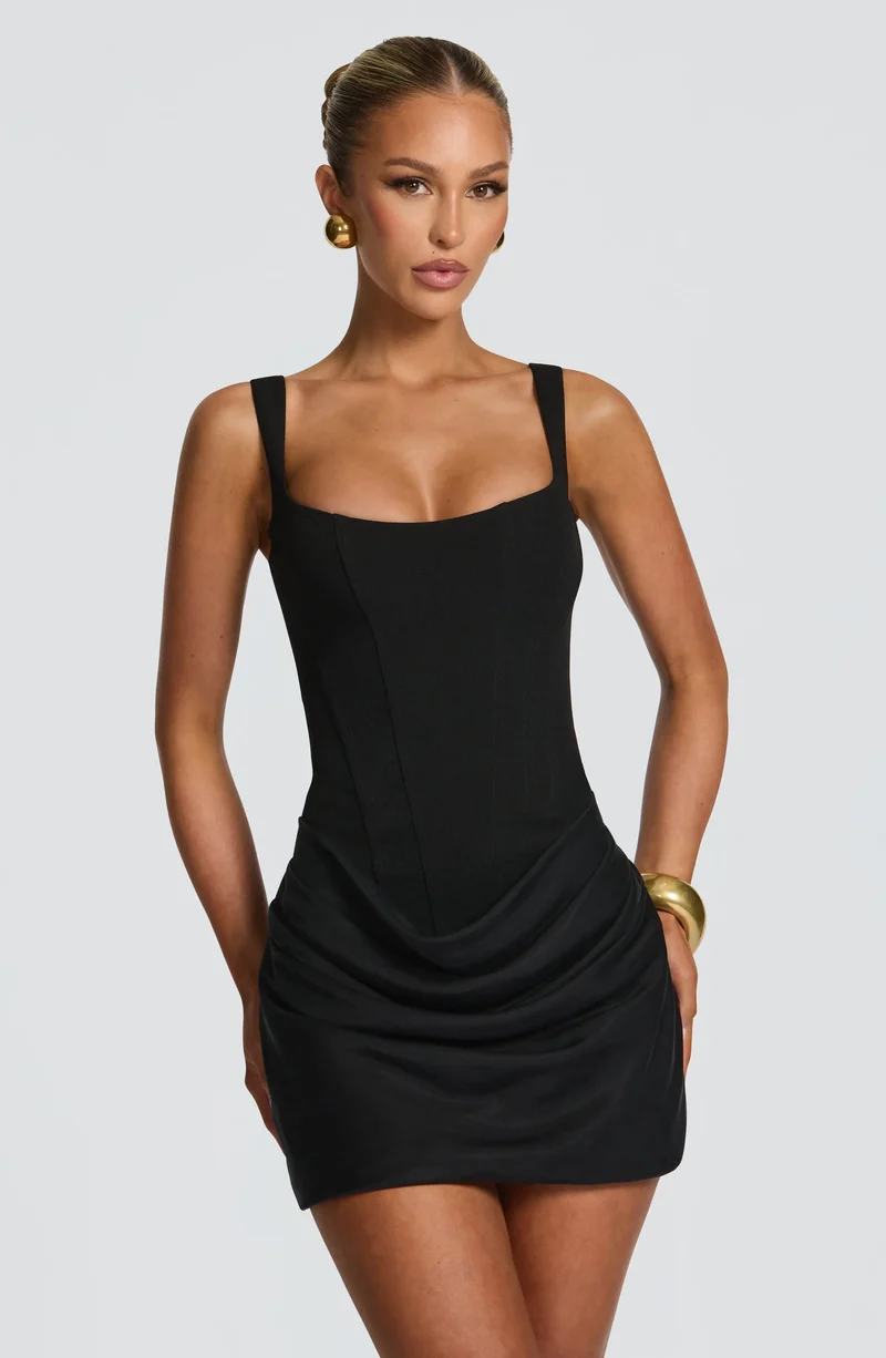 Women's Non-Stretch Crepe Mini Dress | Elegant Cowl Overlay Cocktail Dress