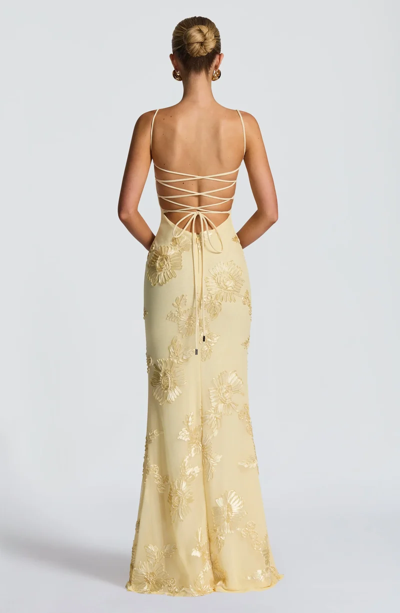 Women's Floral Appliqué Stretch Mesh Maxi Dress | Elegant Fit-and-Flare Summer Gown