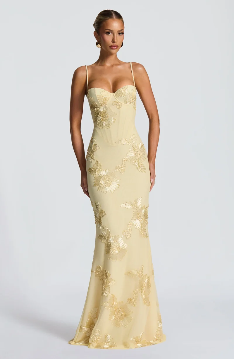 Women's Floral Appliqué Stretch Mesh Maxi Dress | Elegant Fit-and-Flare Summer Gown