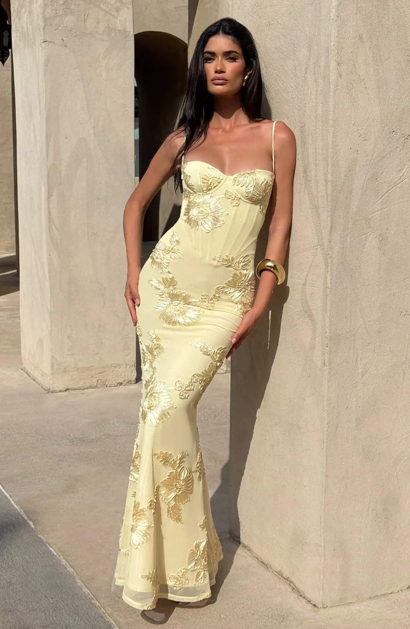 Women's Floral Appliqué Stretch Mesh Maxi Dress | Elegant Fit-and-Flare Summer Gown