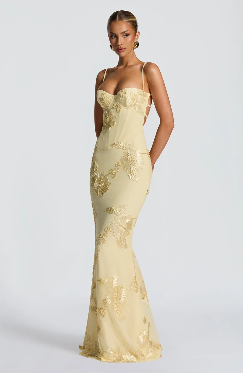 Women's Floral Appliqué Stretch Mesh Maxi Dress | Elegant Fit-and-Flare Summer Gown