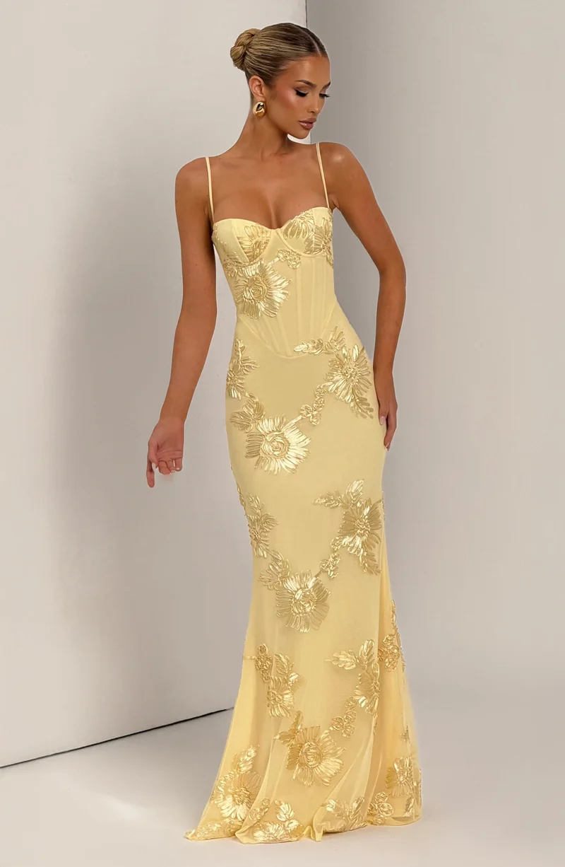 Women's Floral Appliqué Stretch Mesh Maxi Dress | Elegant Fit-and-Flare Summer Gown