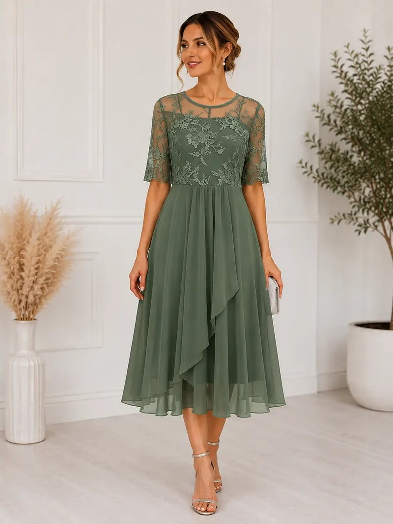 Women's Lace Midi Dress | Elegant A-Line Cocktail Dress for Special Occasions