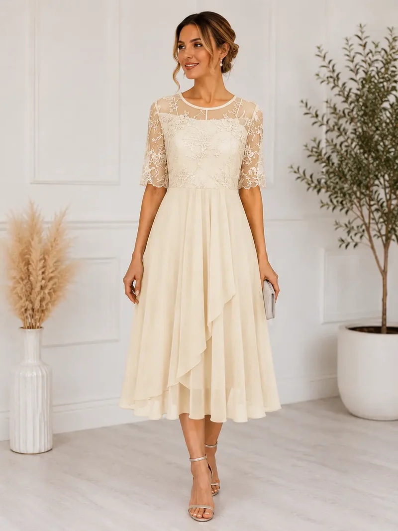 Women's Lace Midi Dress | Elegant A-Line Cocktail Dress for Special Occasions