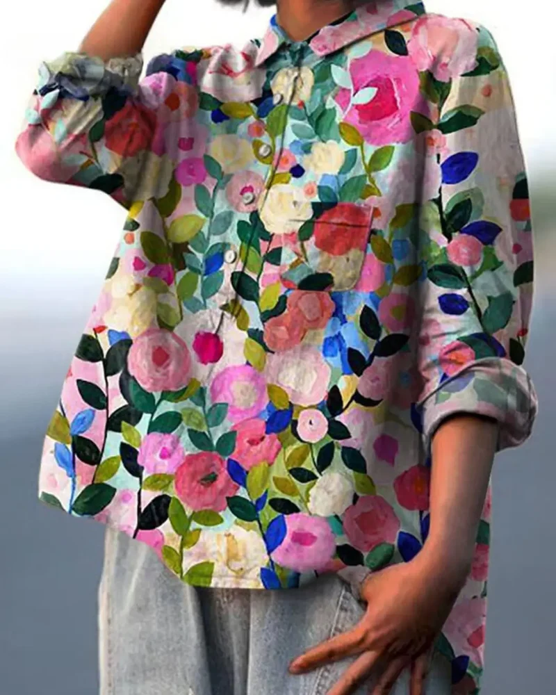 Women's Lightweight Floral Blouse | Graceful Relaxed Fit Long Sleeve Summer Top