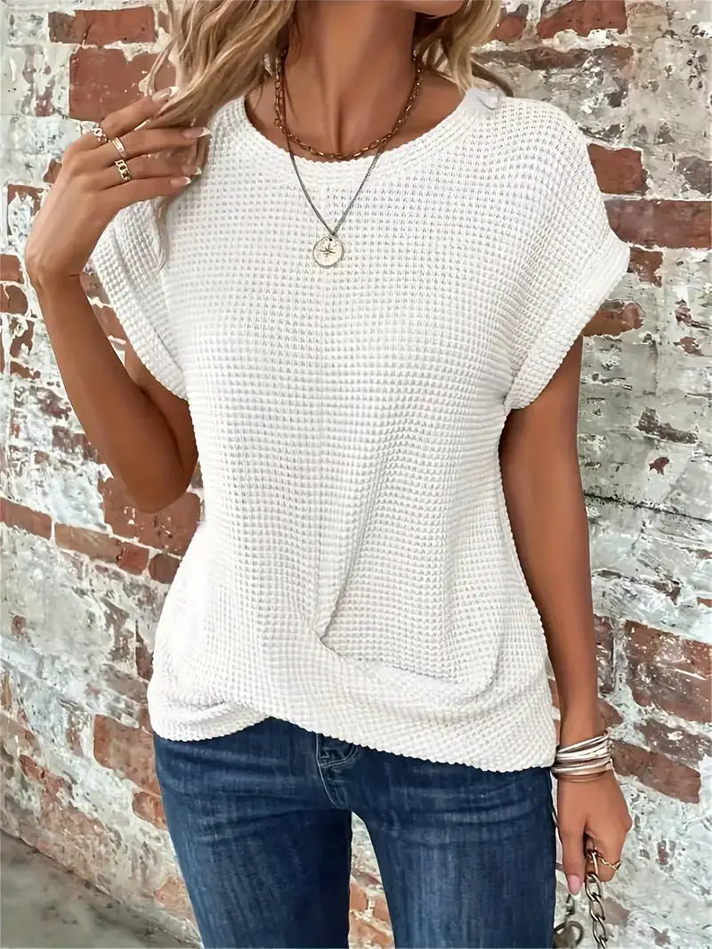 Women's Cotton Textured Waffle Knit Tee | Relaxed Fit Casual Top