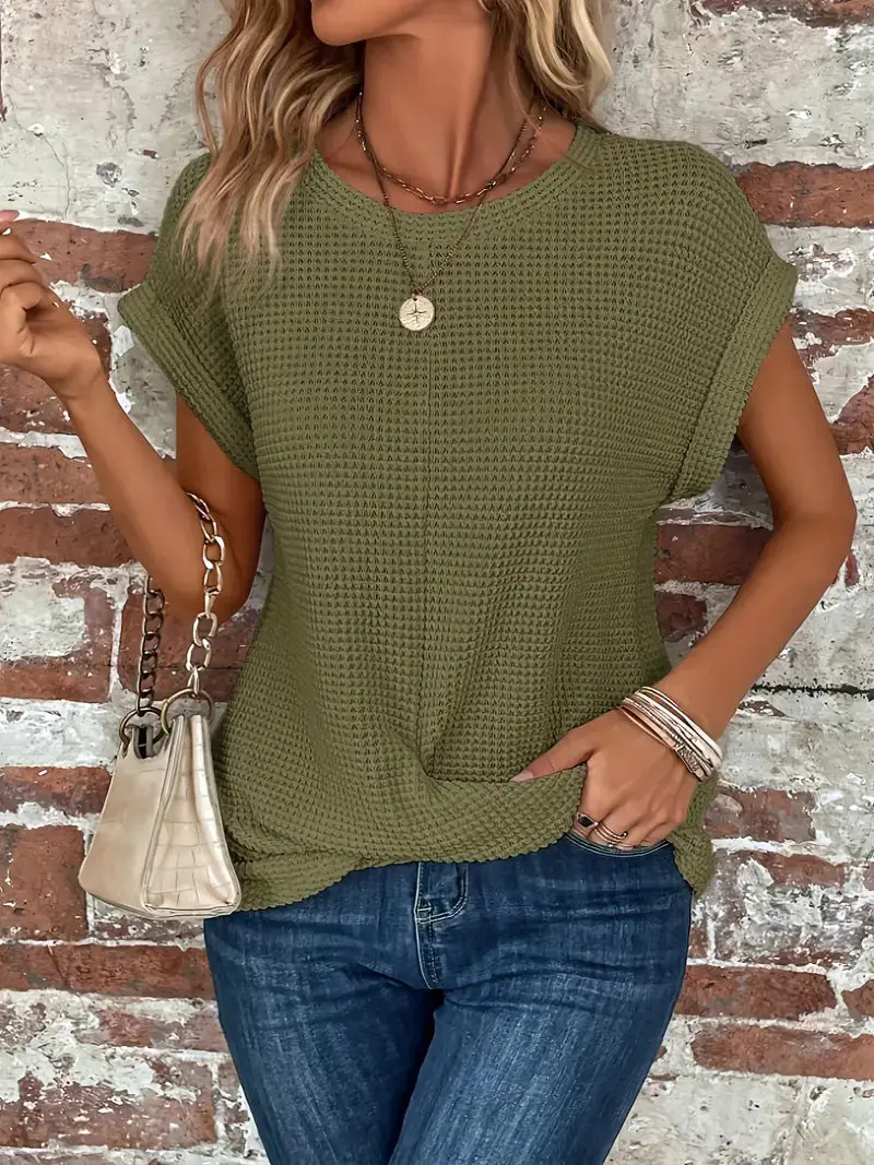 Women's Cotton Textured Waffle Knit Tee | Relaxed Fit Casual Top
