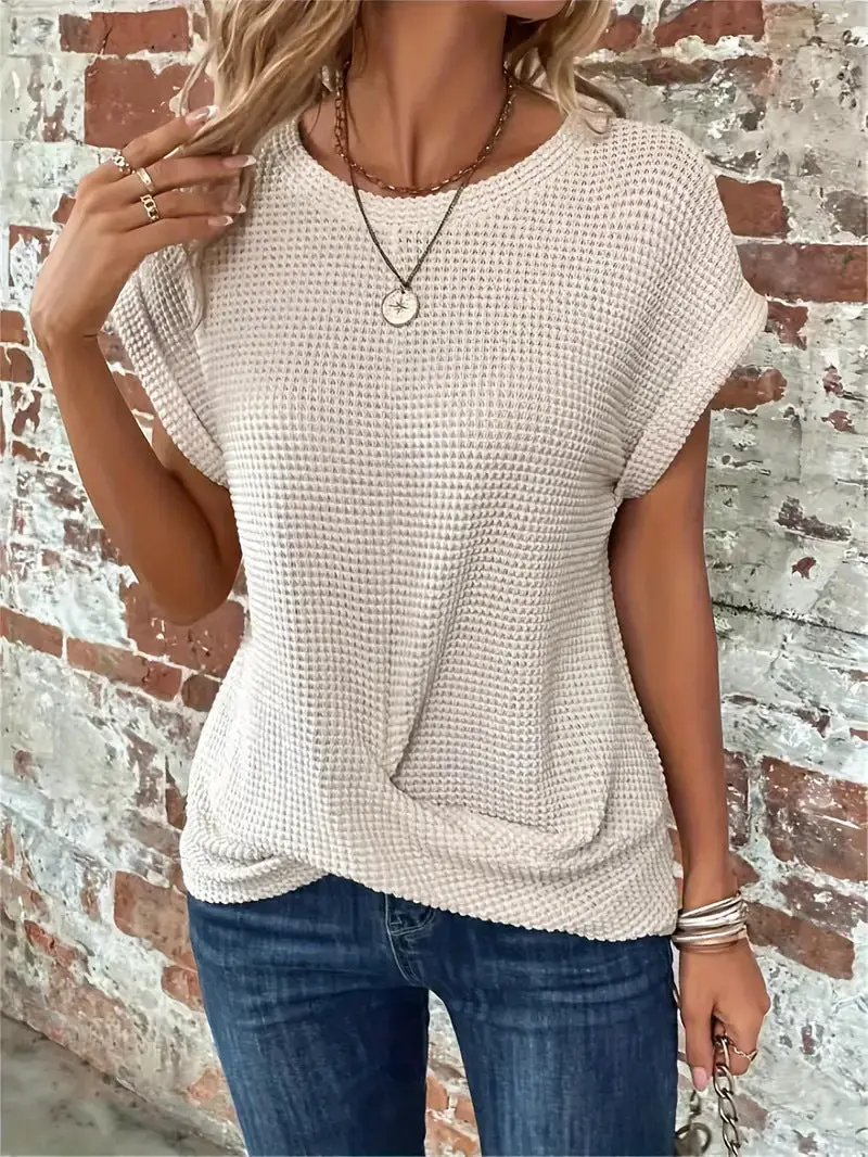 Women's Cotton Textured Waffle Knit Tee | Relaxed Fit Casual Top