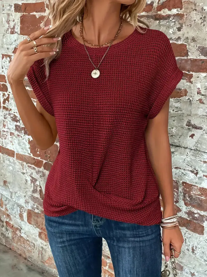Women's Cotton Textured Waffle Knit Tee | Relaxed Fit Casual Top