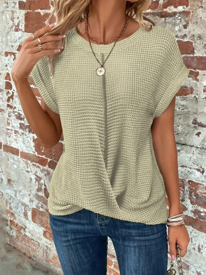 Women's Cotton Textured Waffle Knit Tee | Relaxed Fit Casual Top