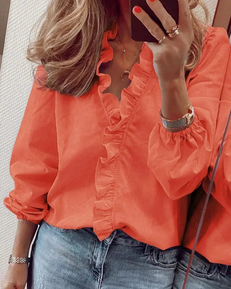 Women's Soft Polyester Blouse | Romantic Ruffled Neckline Long Sleeve Summer Top