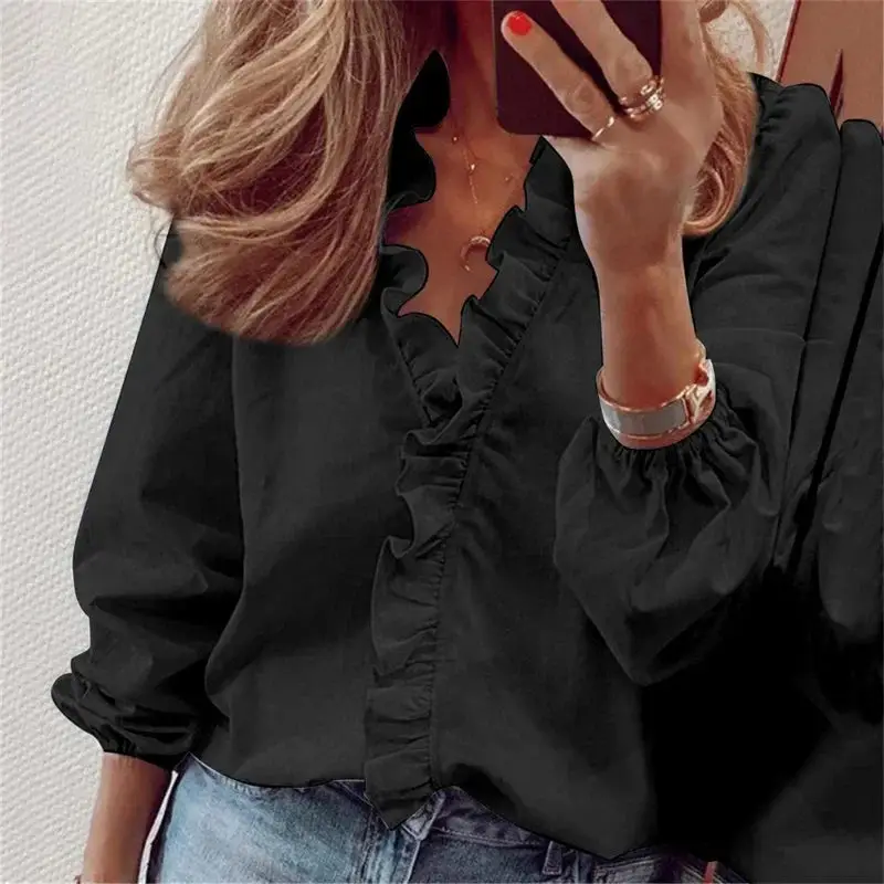 Women's Soft Polyester Blouse | Romantic Ruffled Neckline Long Sleeve Summer Top