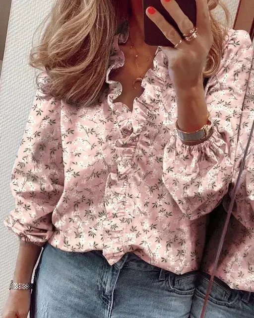 Women's Soft Polyester Blouse | Romantic Ruffled Neckline Long Sleeve Summer Top