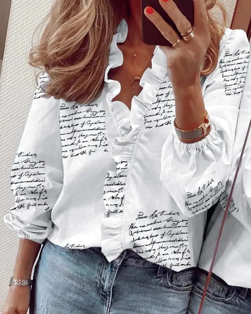Women's Soft Polyester Blouse | Romantic Ruffled Neckline Long Sleeve Summer Top