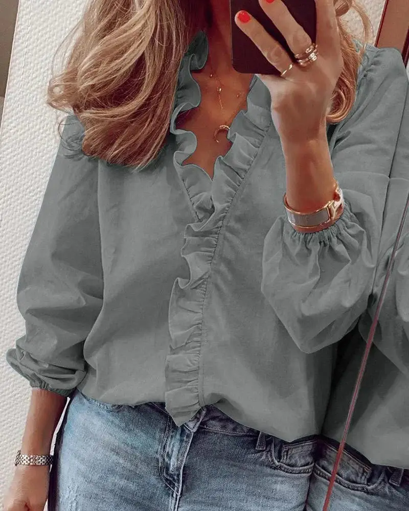 Women's Soft Polyester Blouse | Romantic Ruffled Neckline Long Sleeve Summer Top