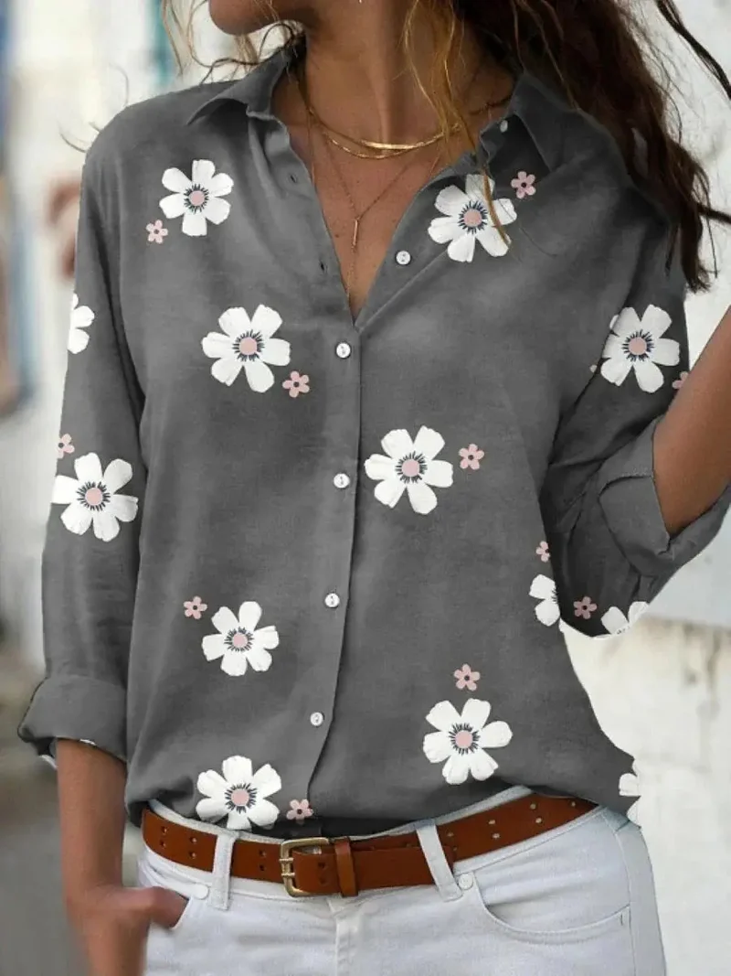 Women's Floral Print Polyester Blouse | Relaxed Fit Long Sleeve Summer Top