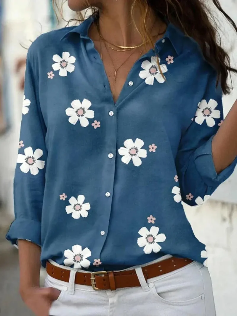 Women's Floral Print Polyester Blouse | Relaxed Fit Long Sleeve Summer Top