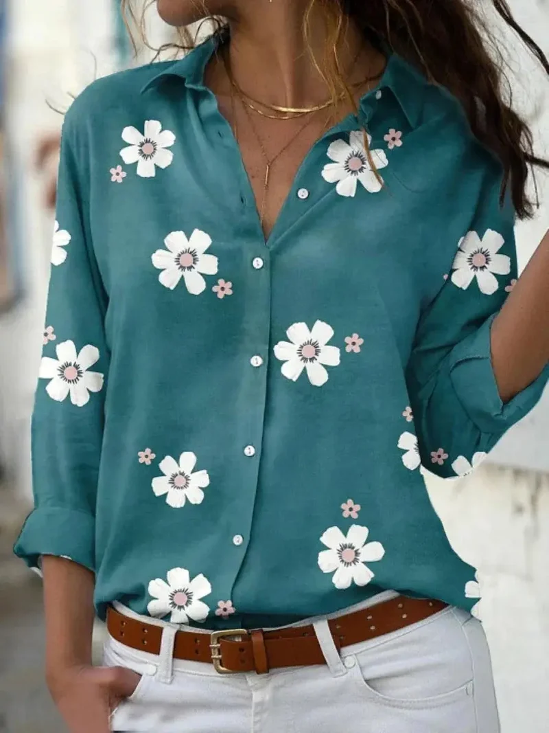Women's Floral Print Polyester Blouse | Relaxed Fit Long Sleeve Summer Top
