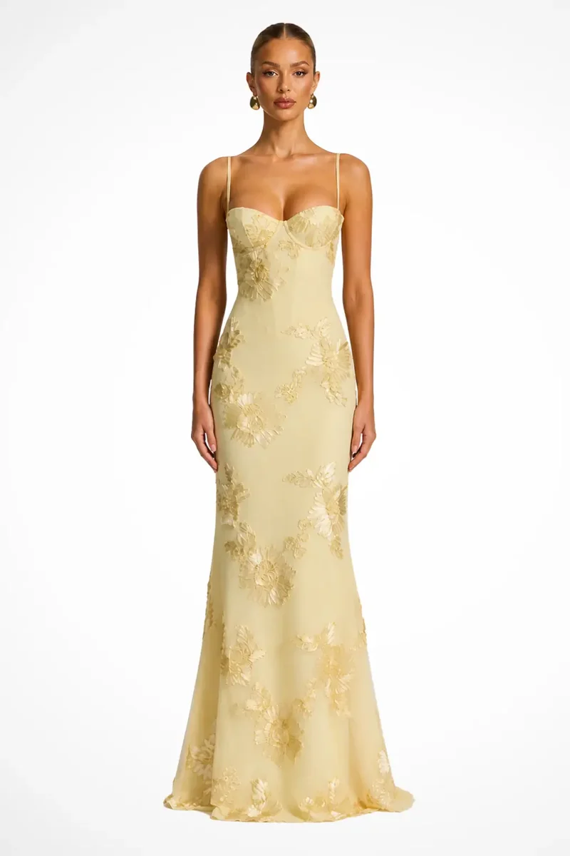 Women's Floral Embroidered Maxi Dress | Structured Corset Cami Gown