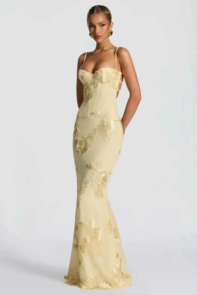 Women's Floral Embroidered Maxi Dress | Structured Corset Cami Gown