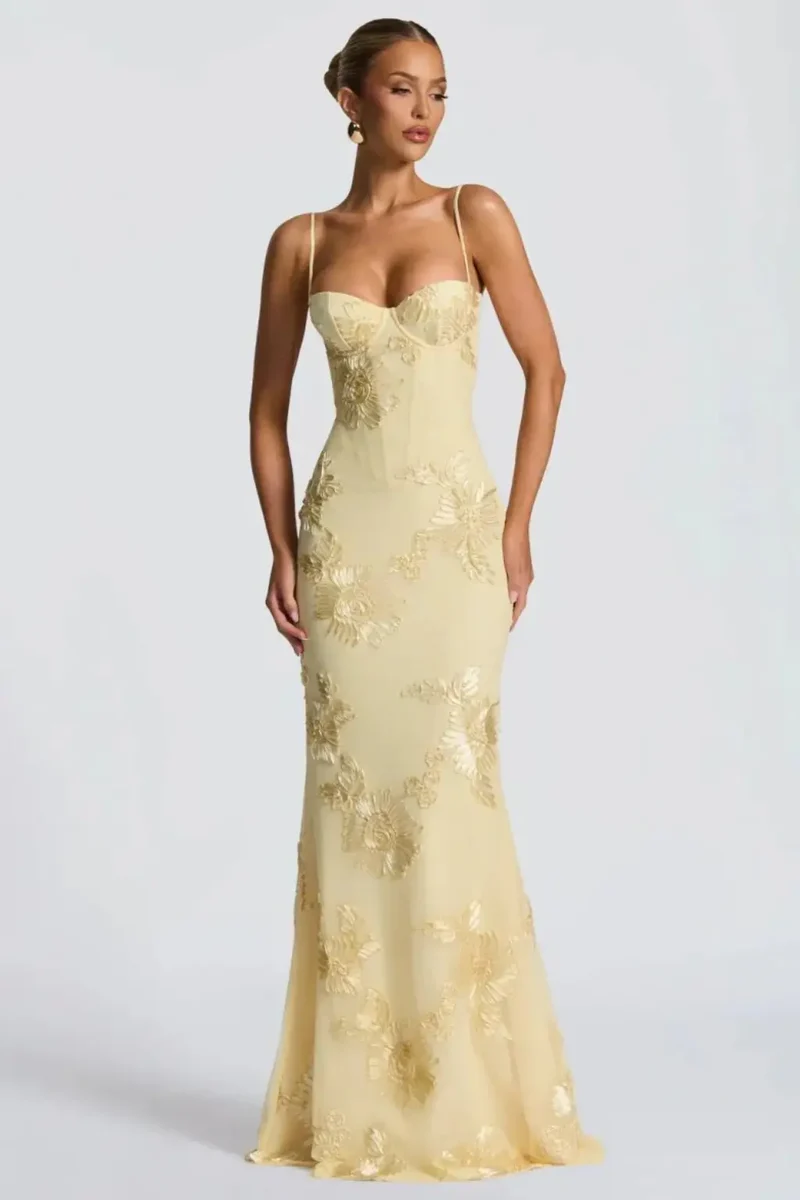 Women's Floral Embroidered Maxi Dress | Structured Corset Cami Gown