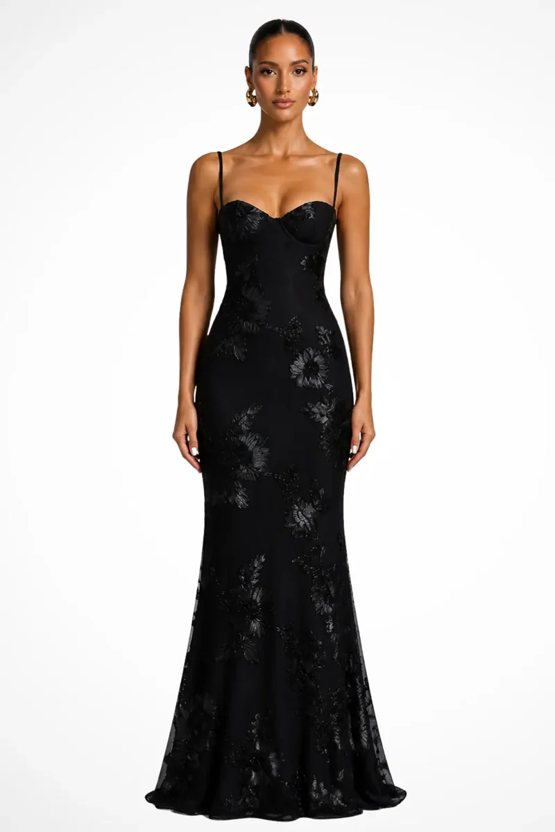 Women's Floral Embroidered Maxi Dress | Structured Corset Cami Gown
